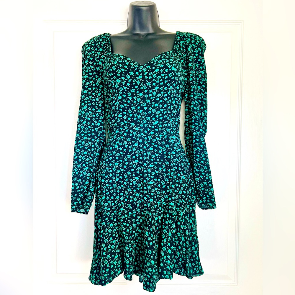 Zara Long Sleeve Green and Black Floral Mini Dress (Size XS)